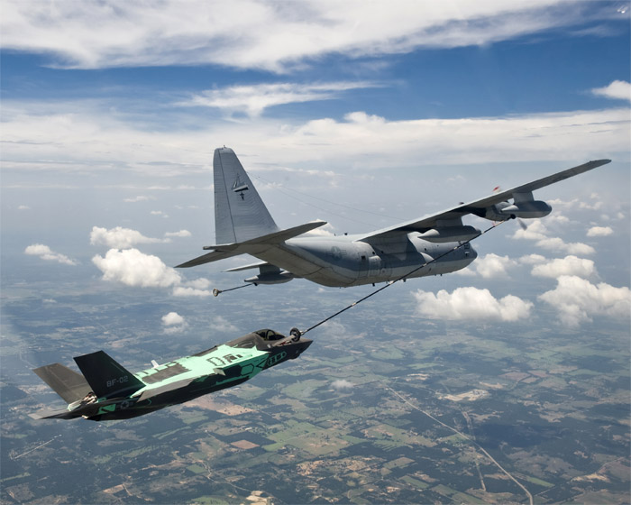 Lockheed Martin F-35B STOVL aerial refueling using KC-130J Tanker